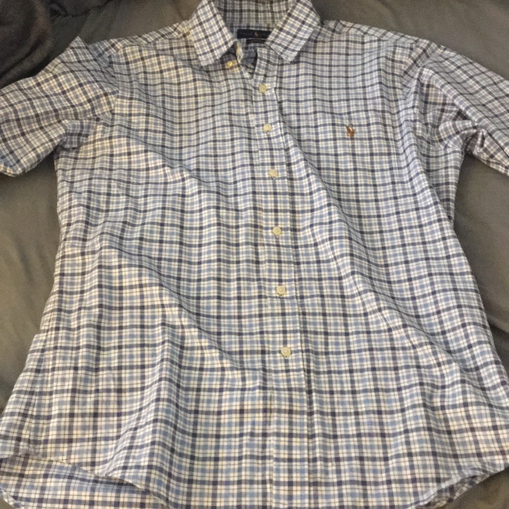 Long sleeve plaid button up. Blue/wht/lt blue